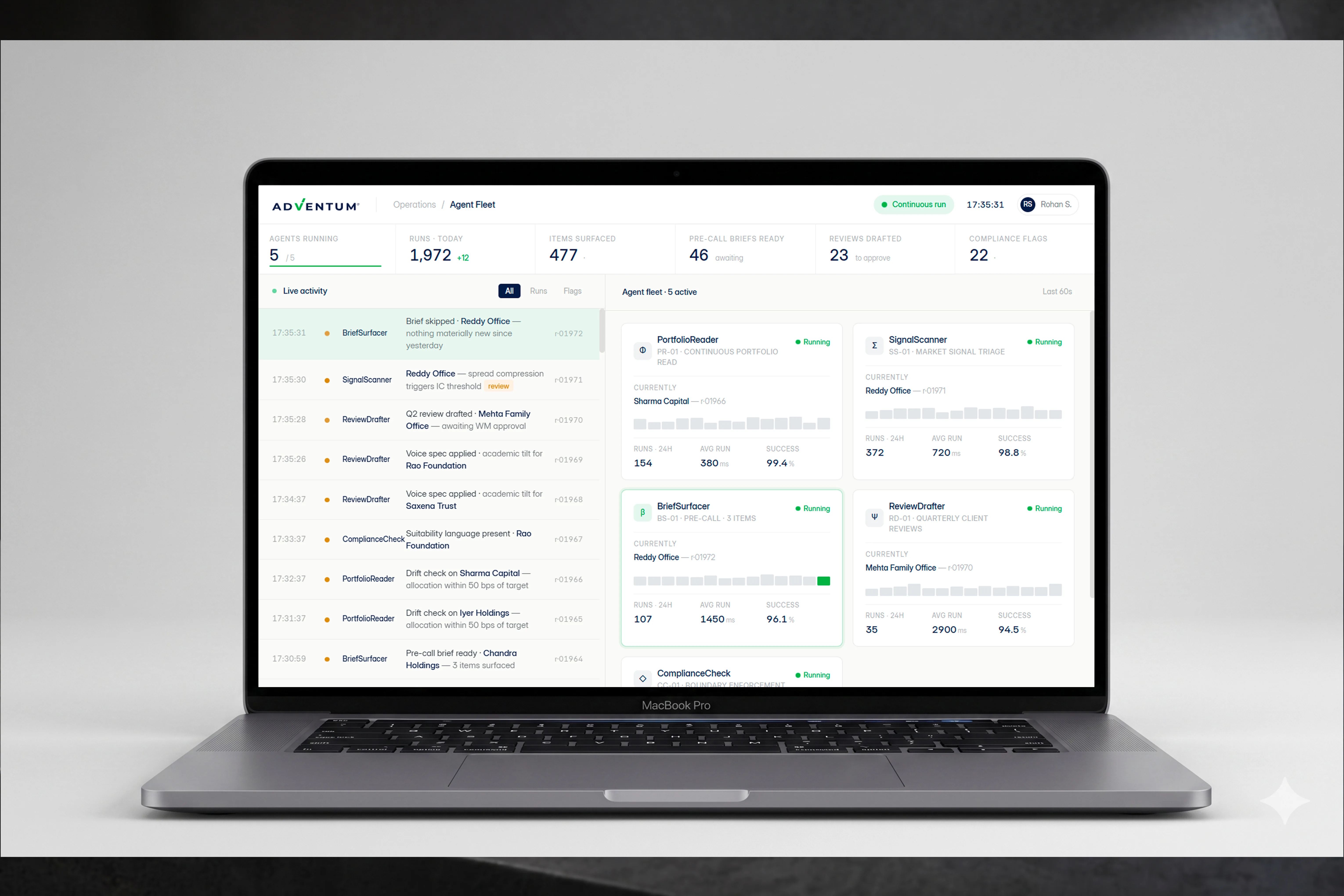Adventum Wealth — agents inside a regulated investment dashboard