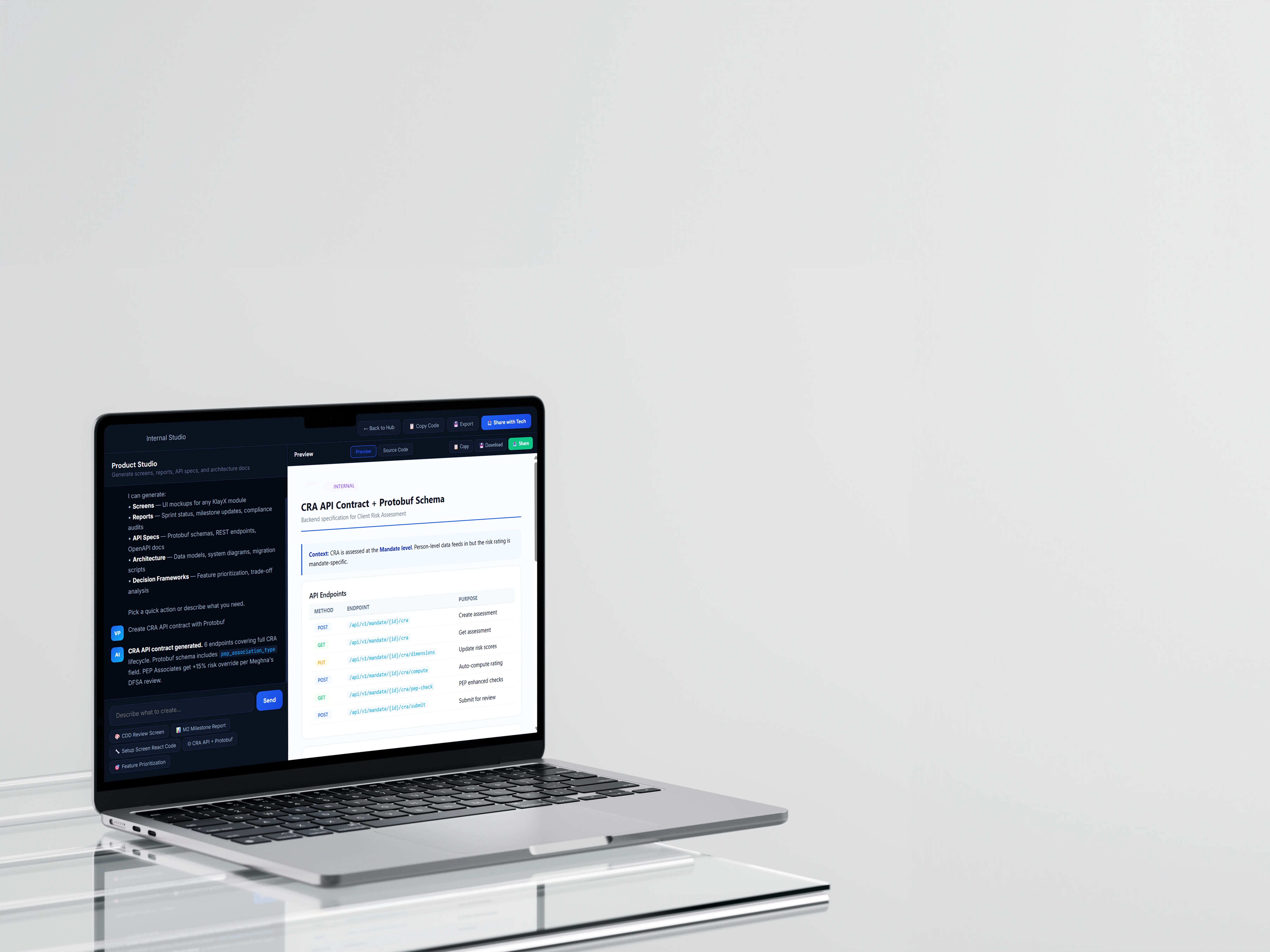 Klay RM Co-Pilot — Product Studio: CRA-API contract & Protobuf schema